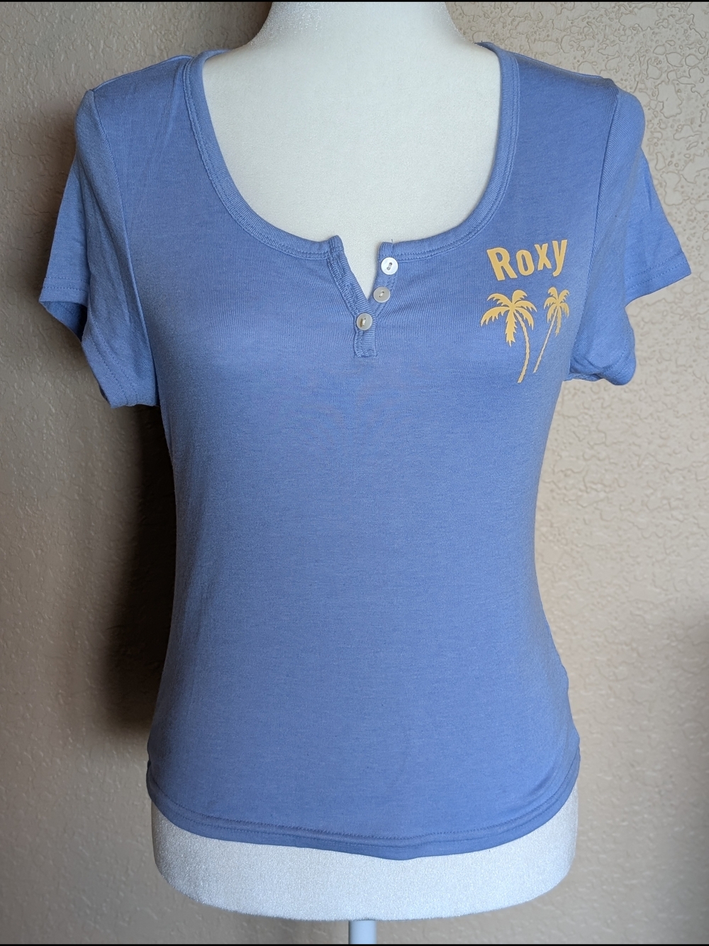 Roxy Blue Scoop-Neck Henley Tee with Yellow Palm Logo